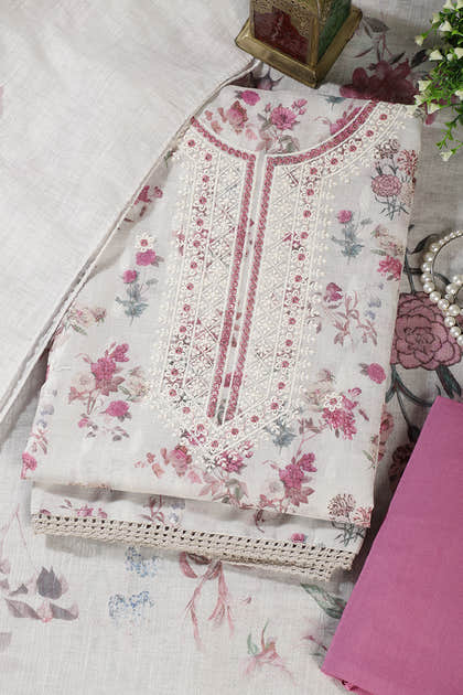 Cream & Pink Chanderi Cotton Floral Printed And Embroidered Unstitched Suit