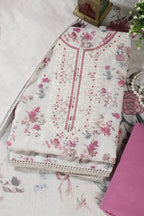 Cream & Pink Chanderi Cotton Floral Printed And Embroidered Unstitched Suit
