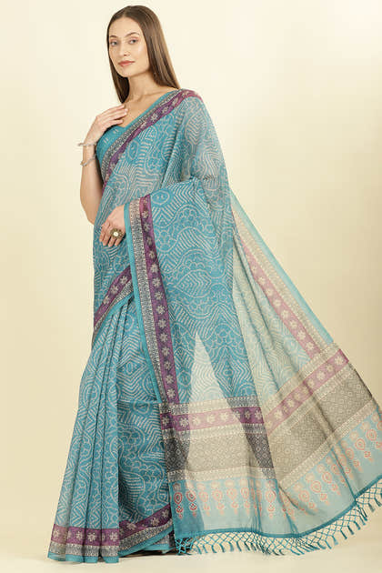 Teal Bandhani Printed Cotton Saree