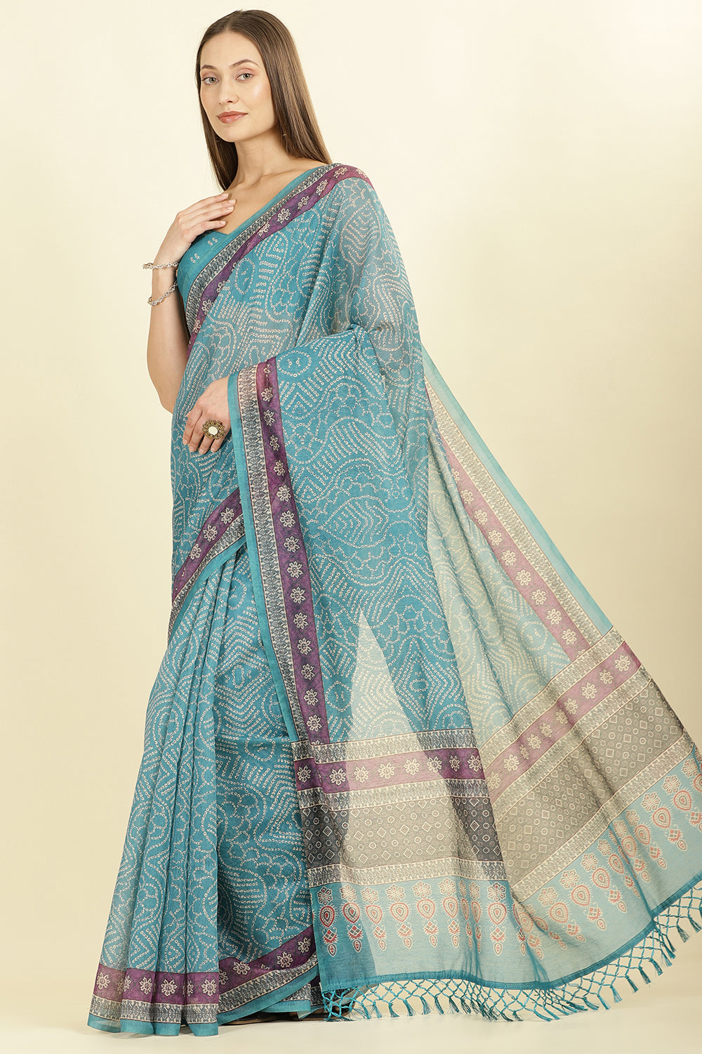 Teal Bandhani Printed Cotton Saree