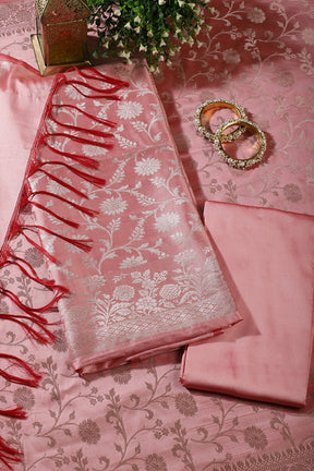 Pink Zari Floral Woven Unstitched Suit Fabric