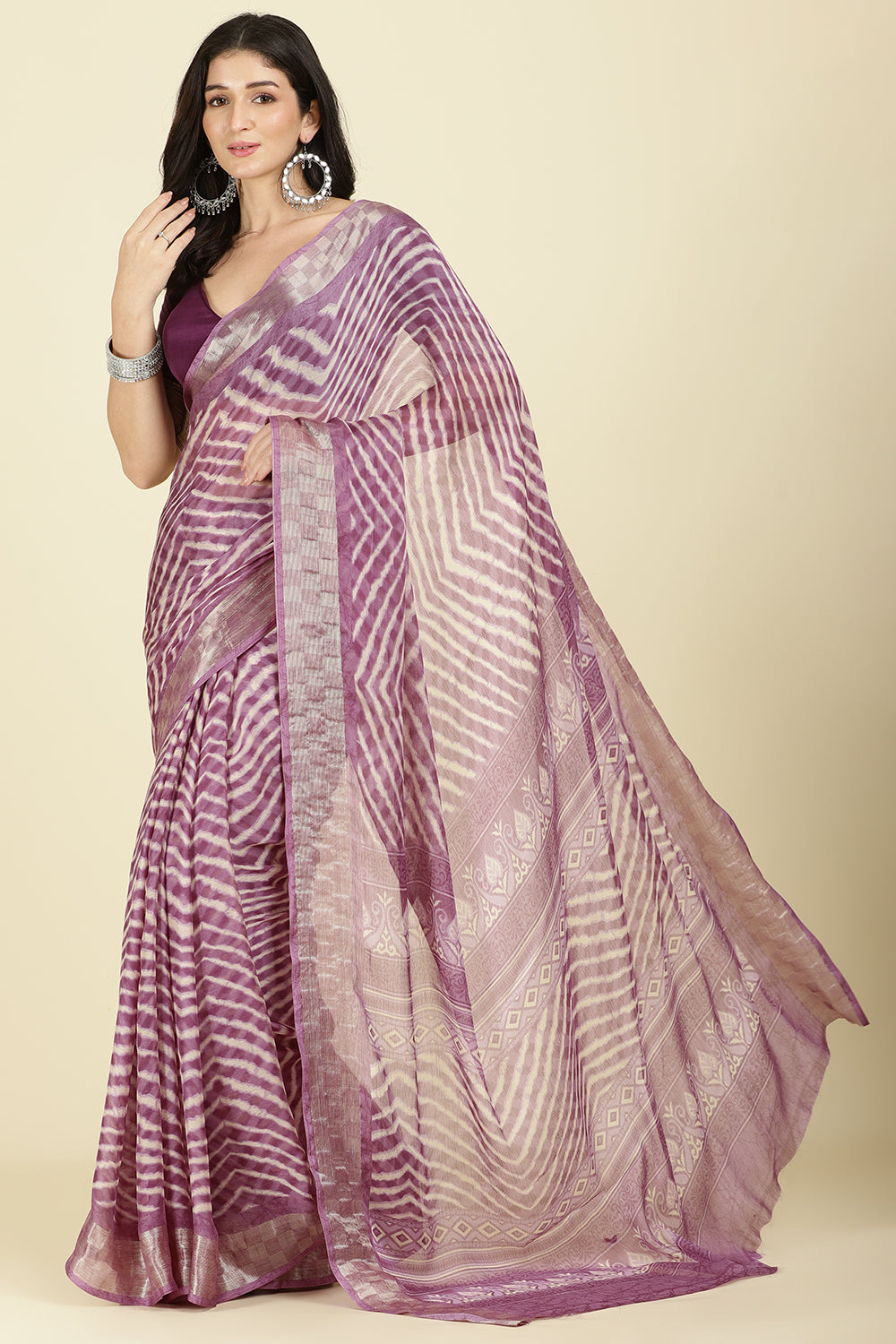 Dusky Purple Color Chiffon Leheriya Printed Saree