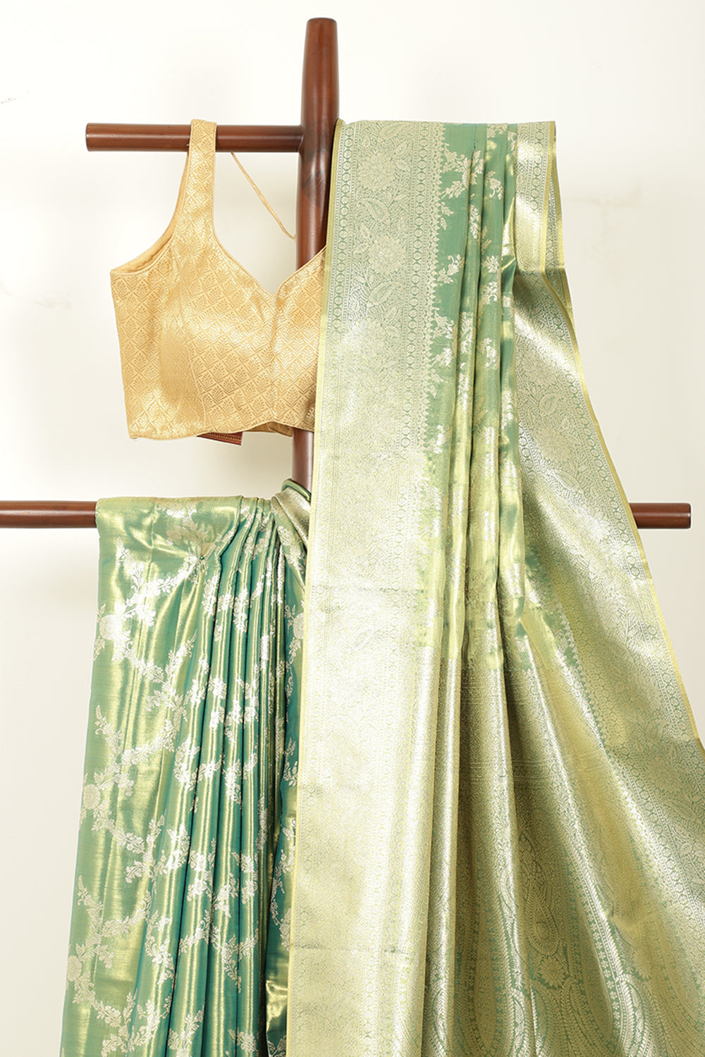 Teal & Gold Dual Toned Silk Woven Banarsi Saree