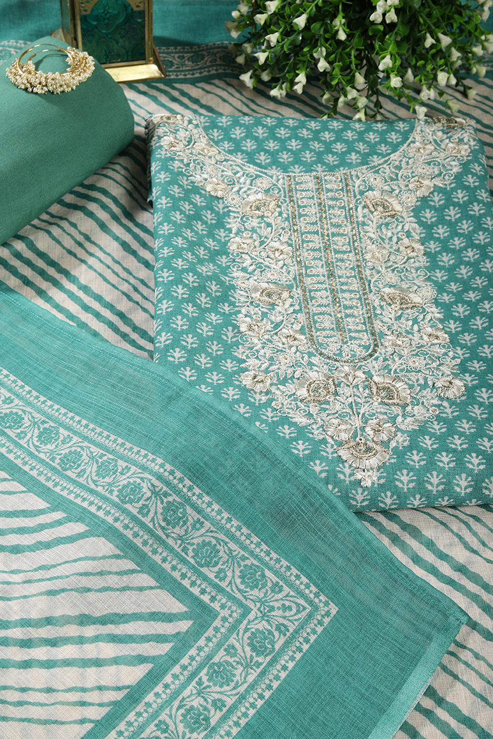 Mint Green Color Chanderi Cotton Printed and Neck Embroidered Unstitched Suit Fabric