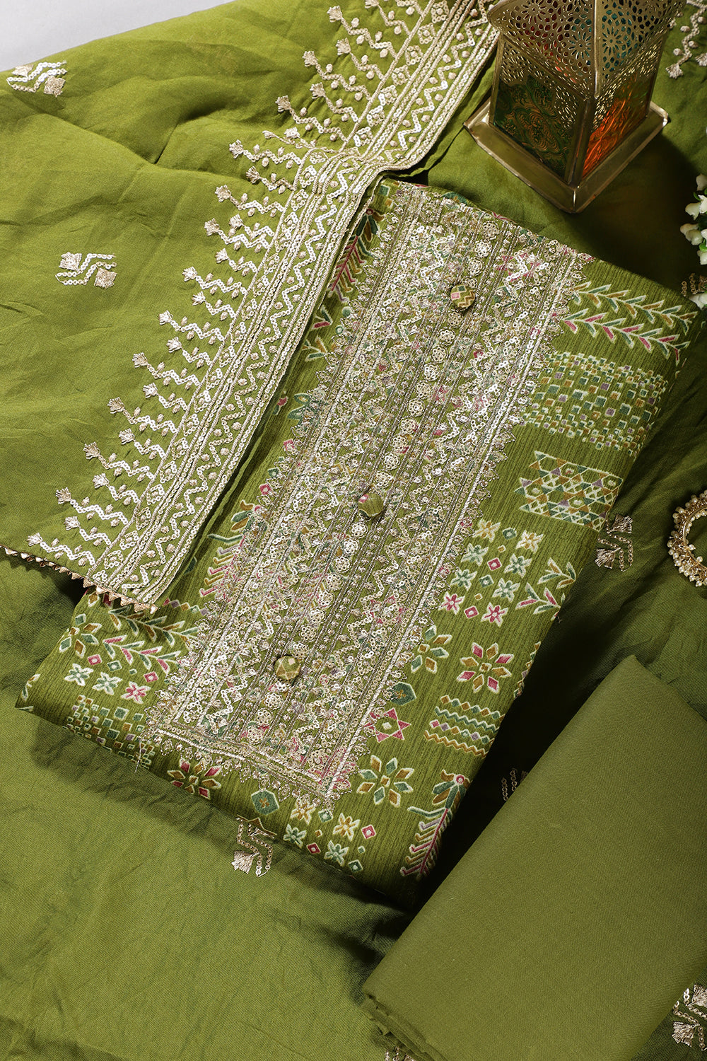Green Digital Printed & Neck Embroidered Cotton Unstitched Suit