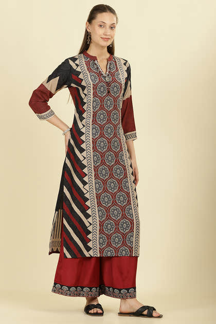 Maroon Muslin Ajrakh Printed Suit with Palazzo