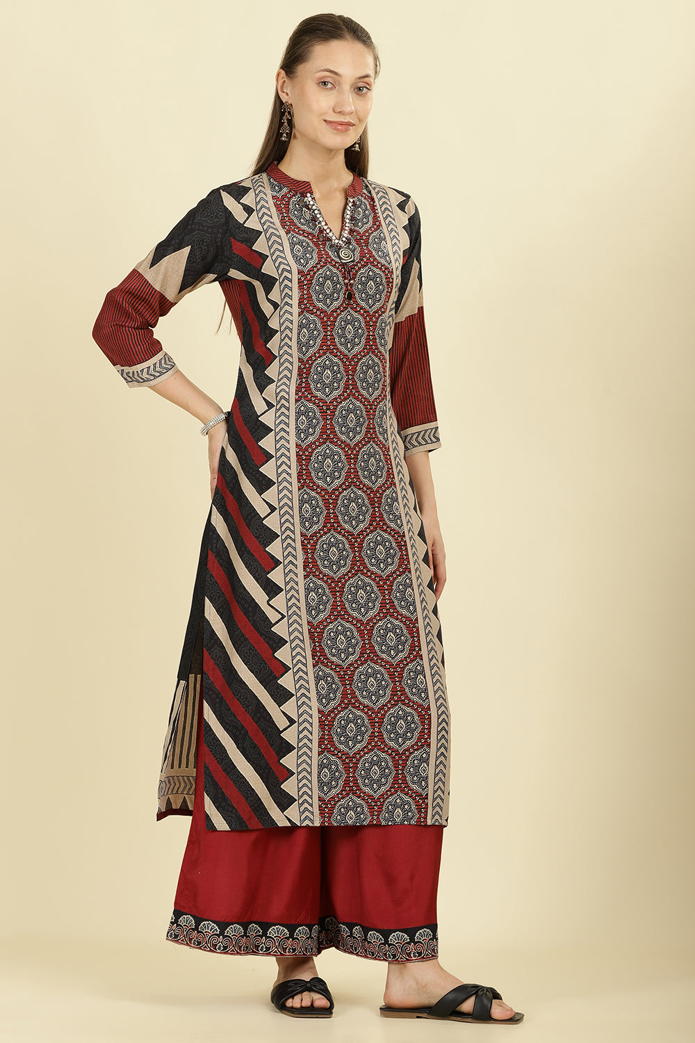 Maroon Muslin Ajrakh Printed Suit with Palazzo