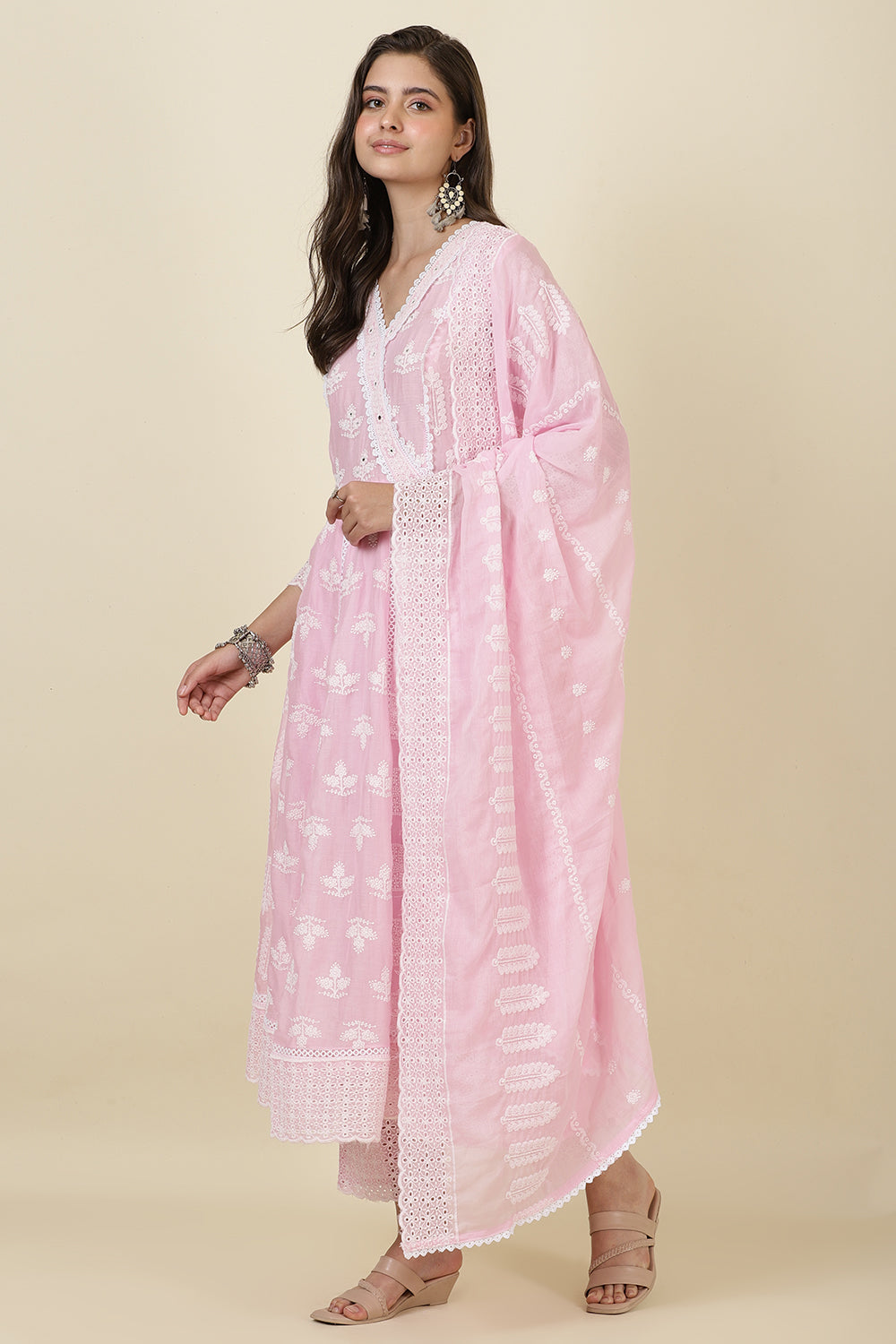 Pink Cotton Resham Embroidered and Lace Work Anarkali Suit