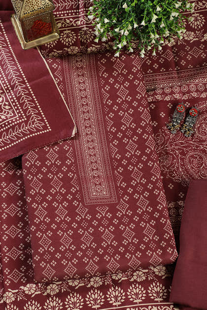 Wine Printed Pashmina Unstitched Suit Fabric