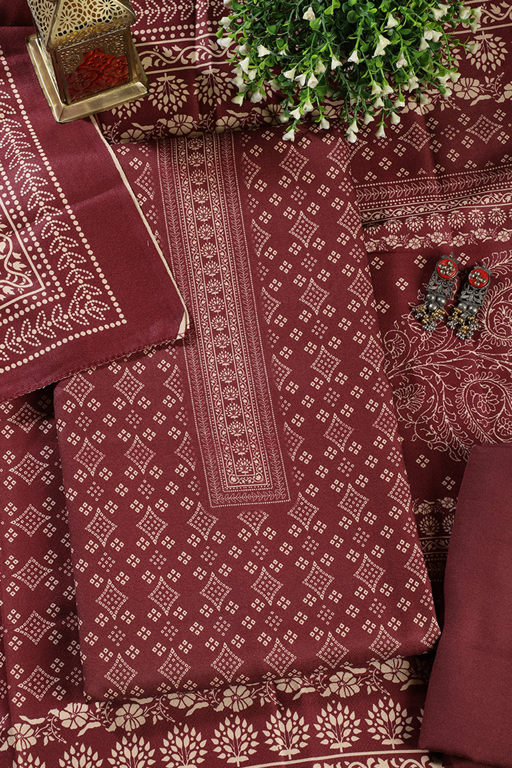 Wine Printed Pashmina Unstitched Suit Fabric