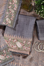 Grey Tussar Cotton Floral Lace Work Unstiched Suit Material