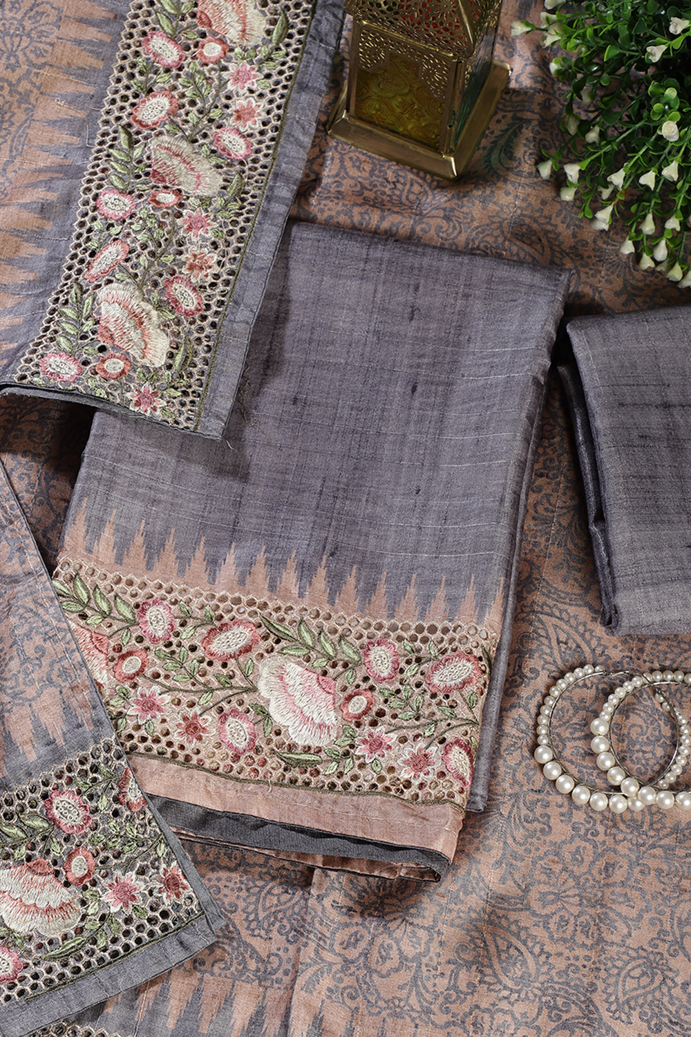 Grey Tussar Cotton Floral Lace Work Unstiched Suit Material