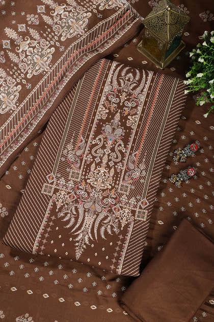 Brown Mughal-Inspired Paisley Printed Spun  Unstitched Suits Fabric