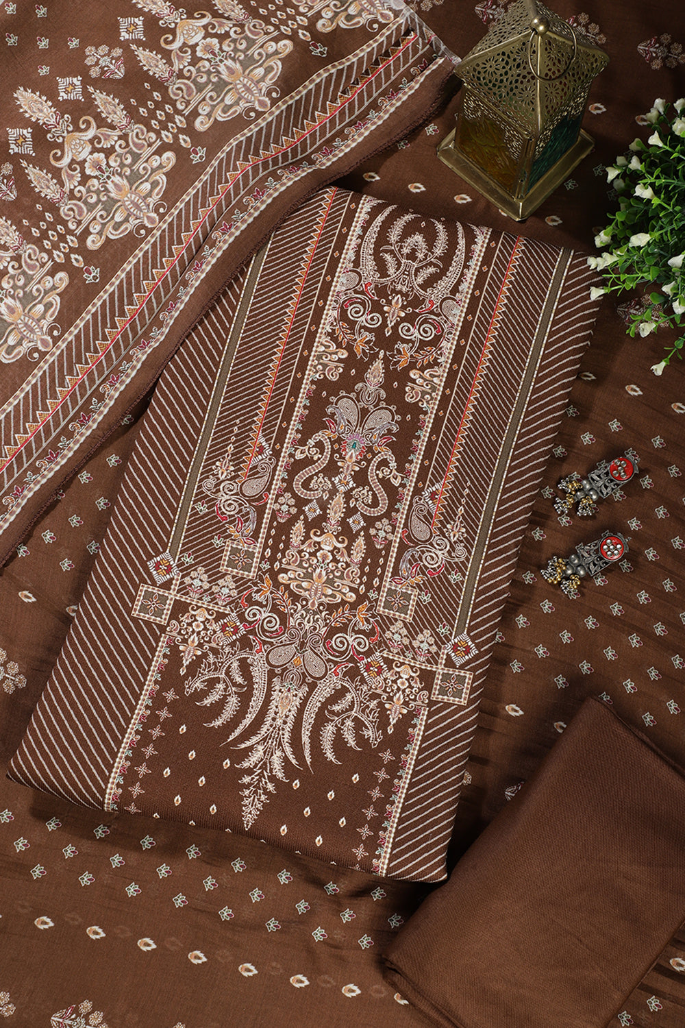 Brown Mughal-Inspired Paisley Printed Spun  Unstitched Suits Fabric