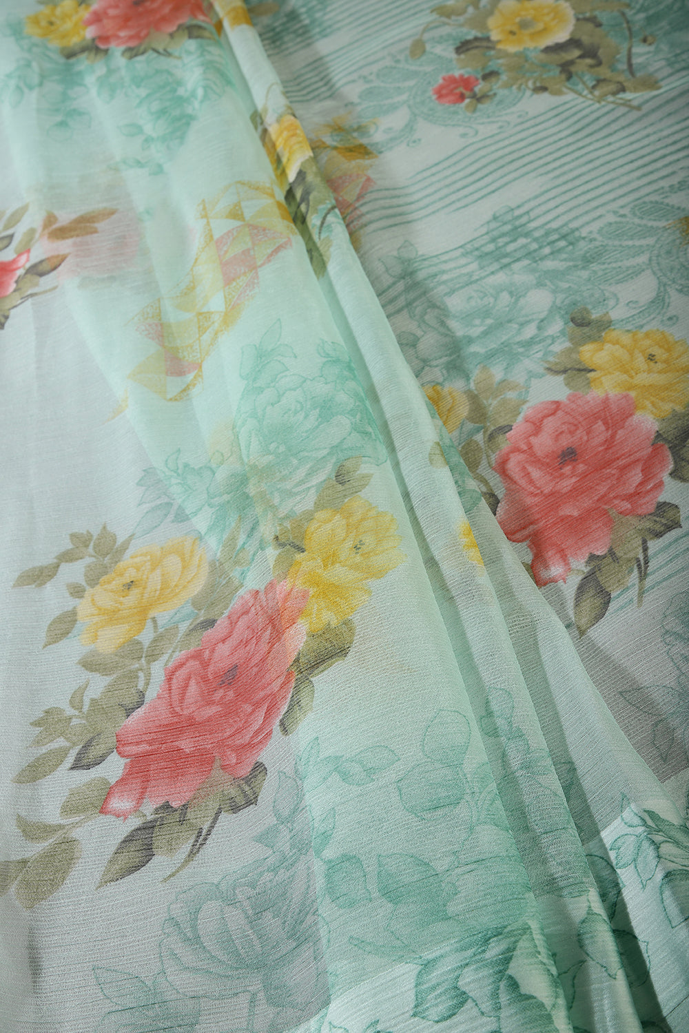 Mint Green Color Floral Printed Chiffon Saree