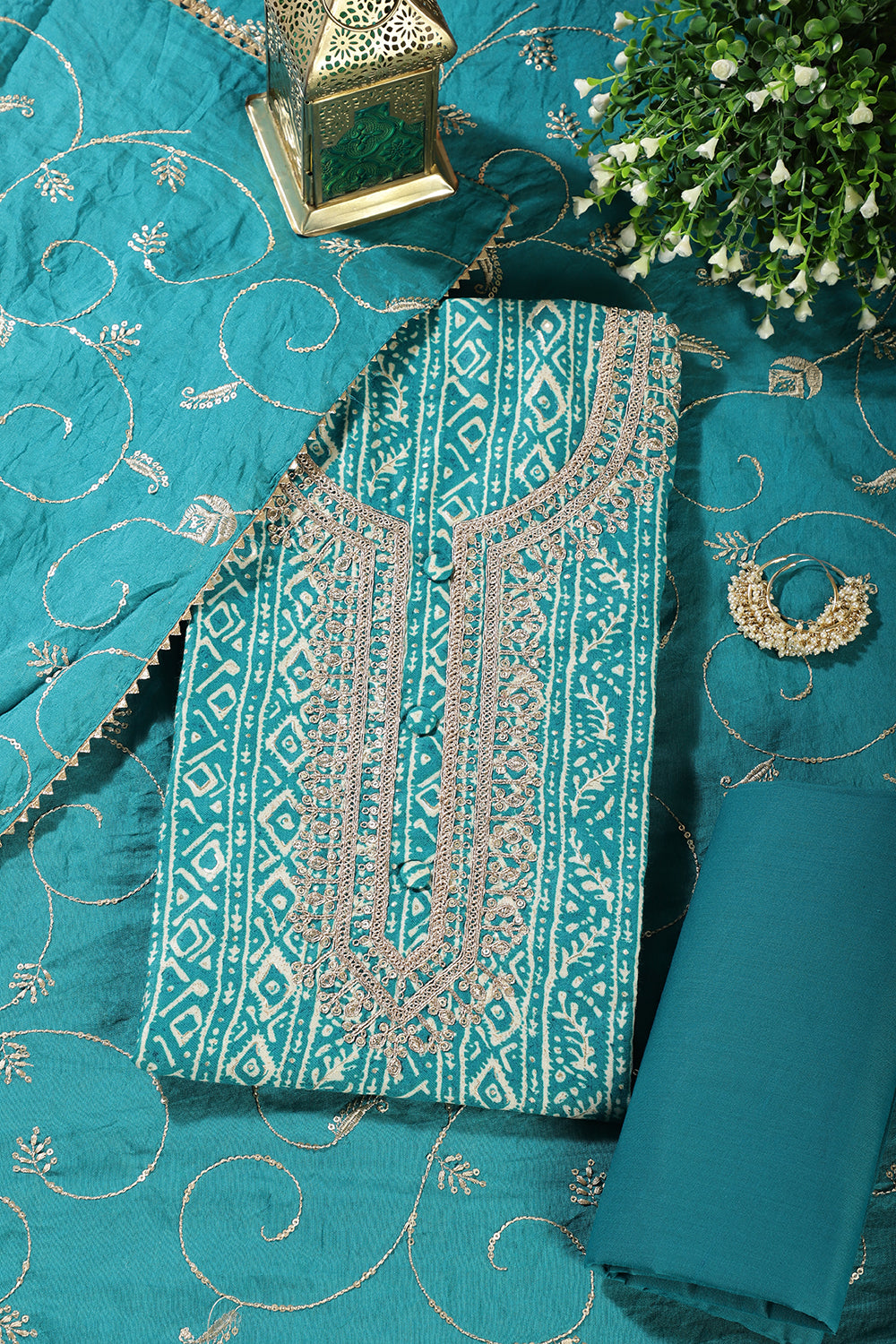 Teal Blue Cotton Digital Printed & Neck Embroidered Unstitched Suit