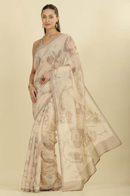 Beige Floral Zari Taar Embroidered Kota Cotton Saree