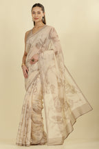 Beige Floral Zari Taar Embroidered Kota Cotton Saree