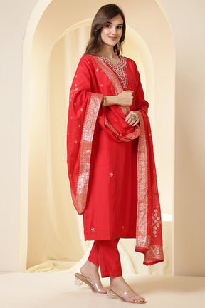 Red Silk Embroidered Suit Set