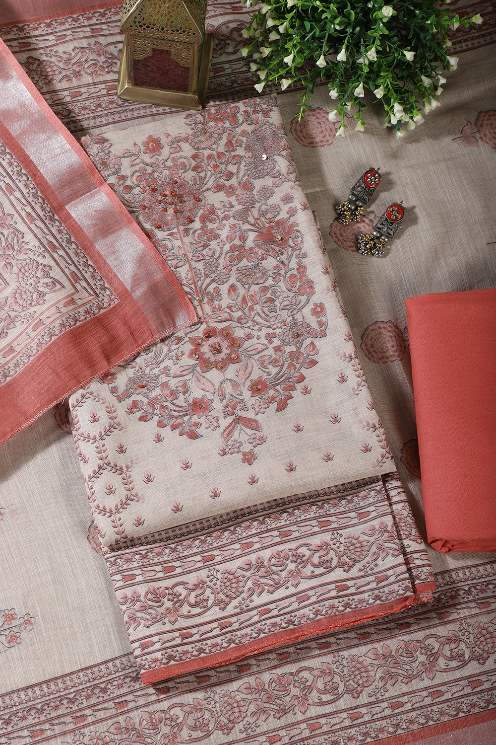 Beige & Peach Floral Printed Unstitched Suit Fabric