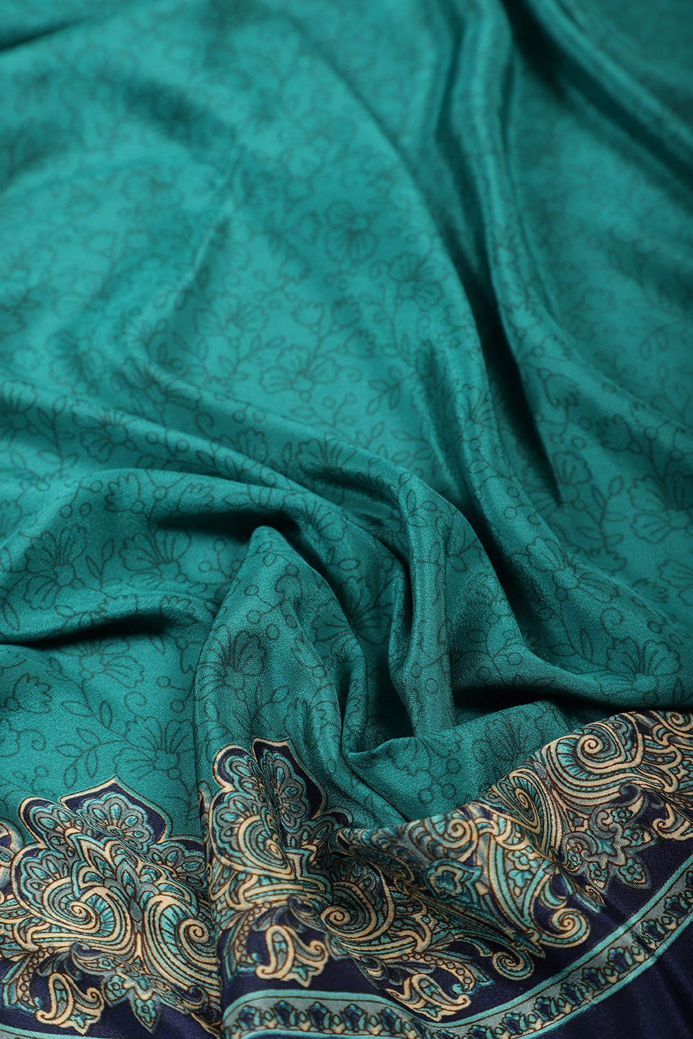 Teal Kashmiri-Inspired Floral Printed Crepe Saree