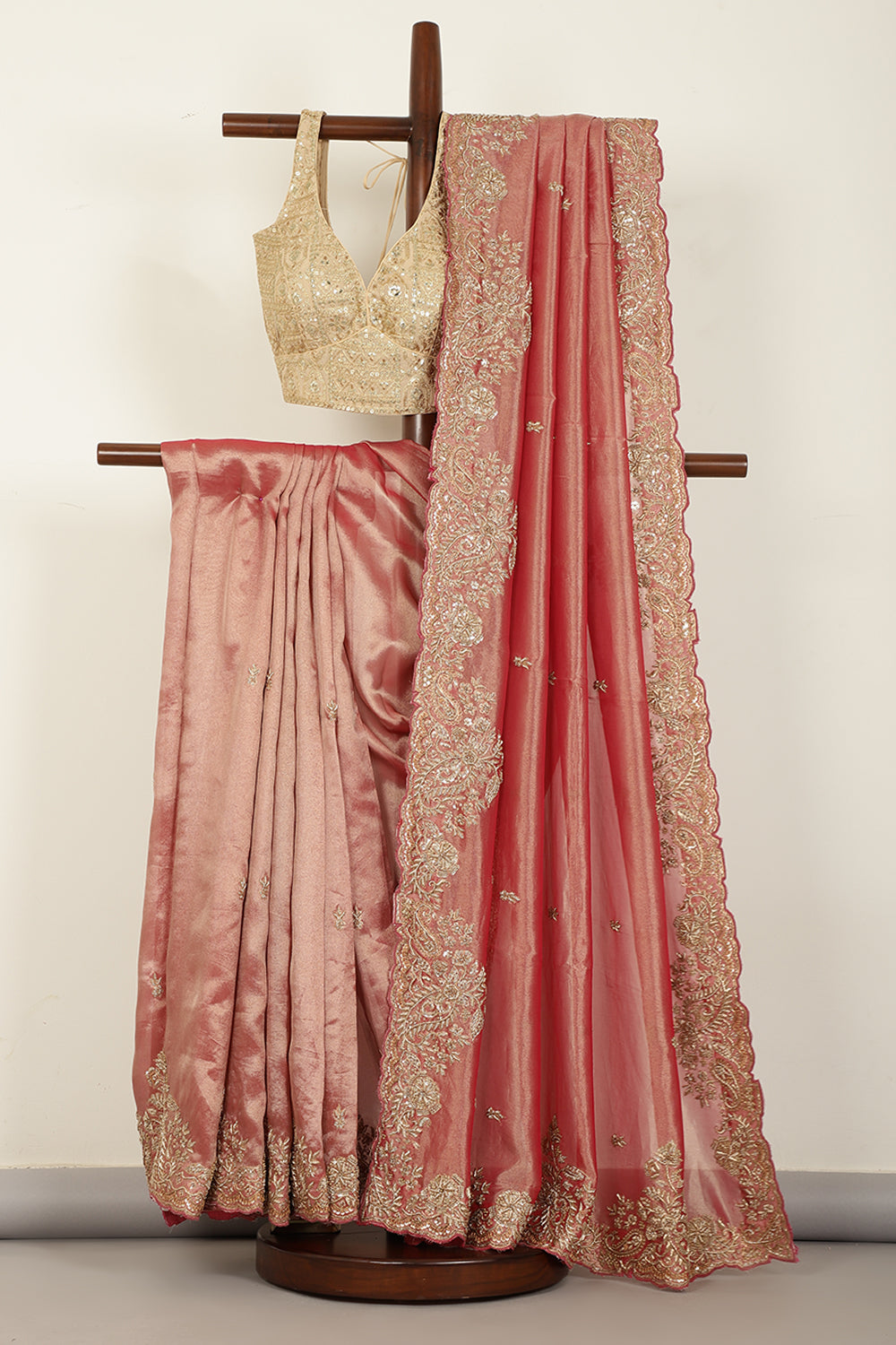 Rani Copper Color Pure Tissue Handloom Saree with Sequence & Zardozi Handwork