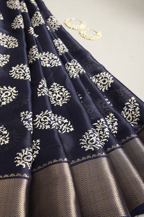 Navy Color Block Printed Cotton Silk Saree
