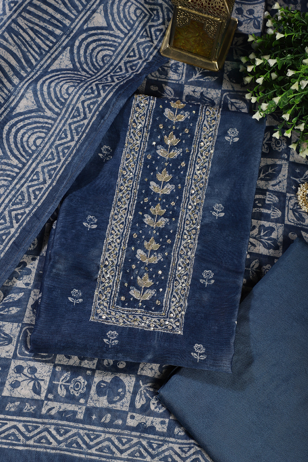 Pacific Blue Chanderi Cotton Printed and Gota-Patti Work Unstitched Suit Material