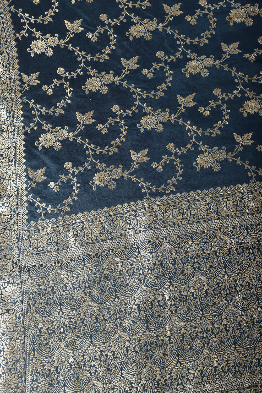 Navy Banarasi Silk Zari Floral Zaal Woven Saree