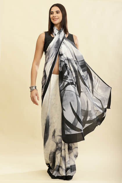 White Printed Crepe Silk Saree