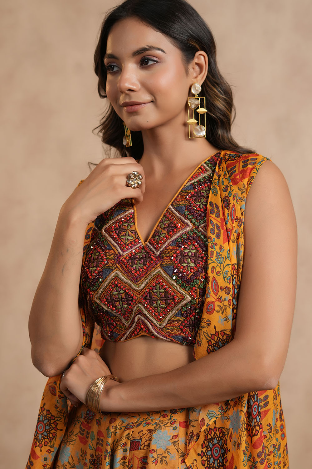 Mustard Green Colour Chinon Embroidered Crop-Top and Printed Palazzo Set With Shrugs