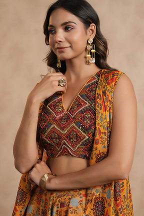 Mustard Green Colour Chinon Embroidered Crop-Top and Printed Palazzo Set With Shrugs