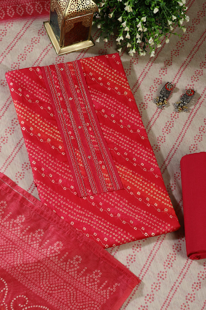 Cardinal Color Cotton Bandhani printed Unstitched Suit Fabric
