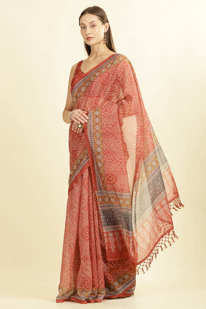 Rust Bandhani Printed Cotton Saree