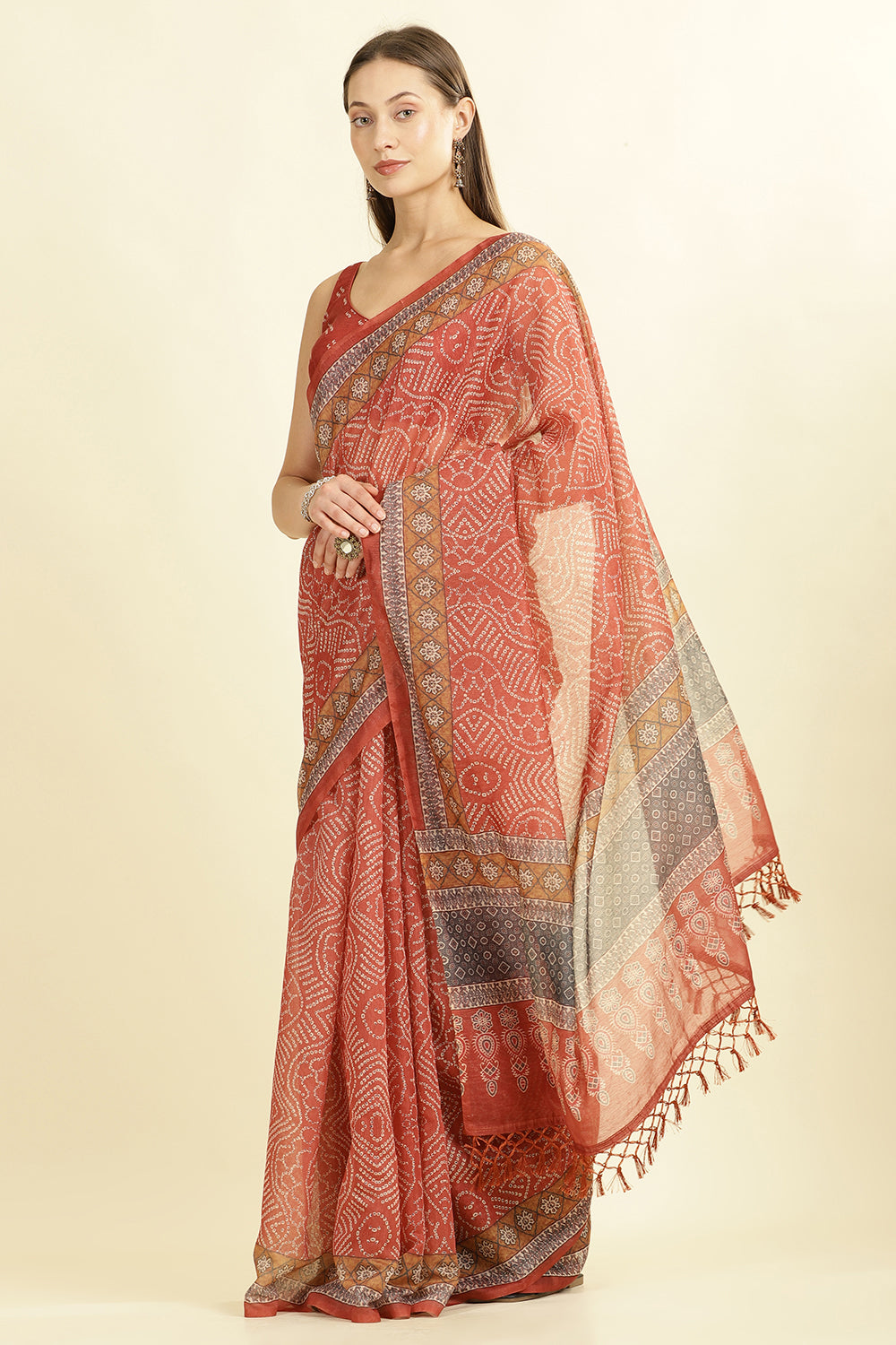 Rust Bandhani Printed Cotton Saree