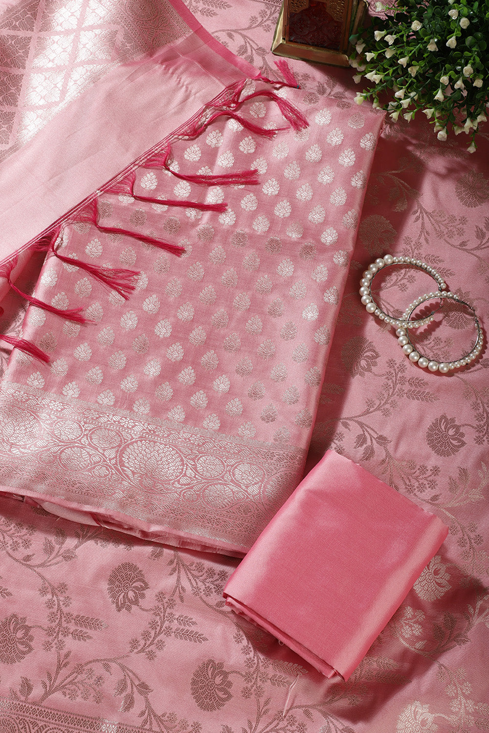 Pink Silk Buta Motifs Woven Unstitched Suit Fabric