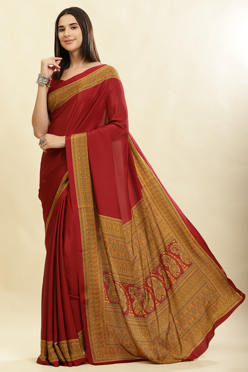 Maroon Crepe Printed Saree