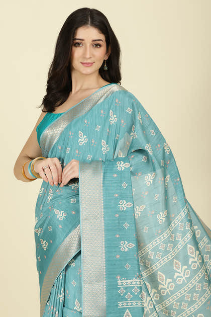 Turqouise Cotton Silk Printed And Zari Woven Saree