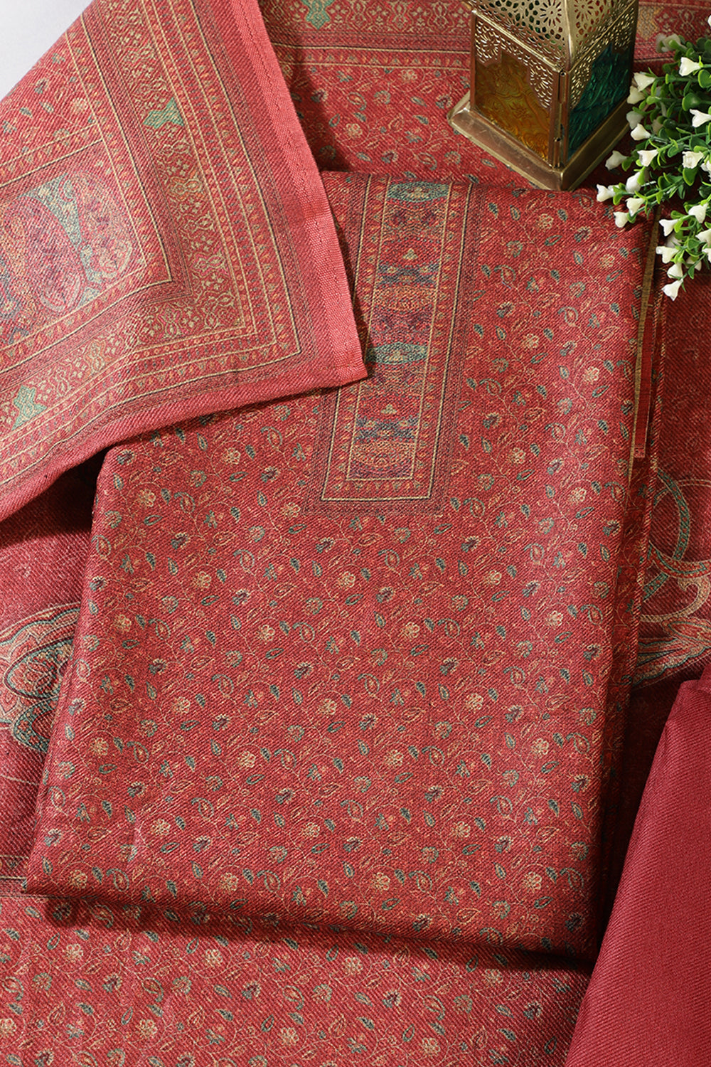 Maroon Pashmina Floral Printed Unstitched Suit Material