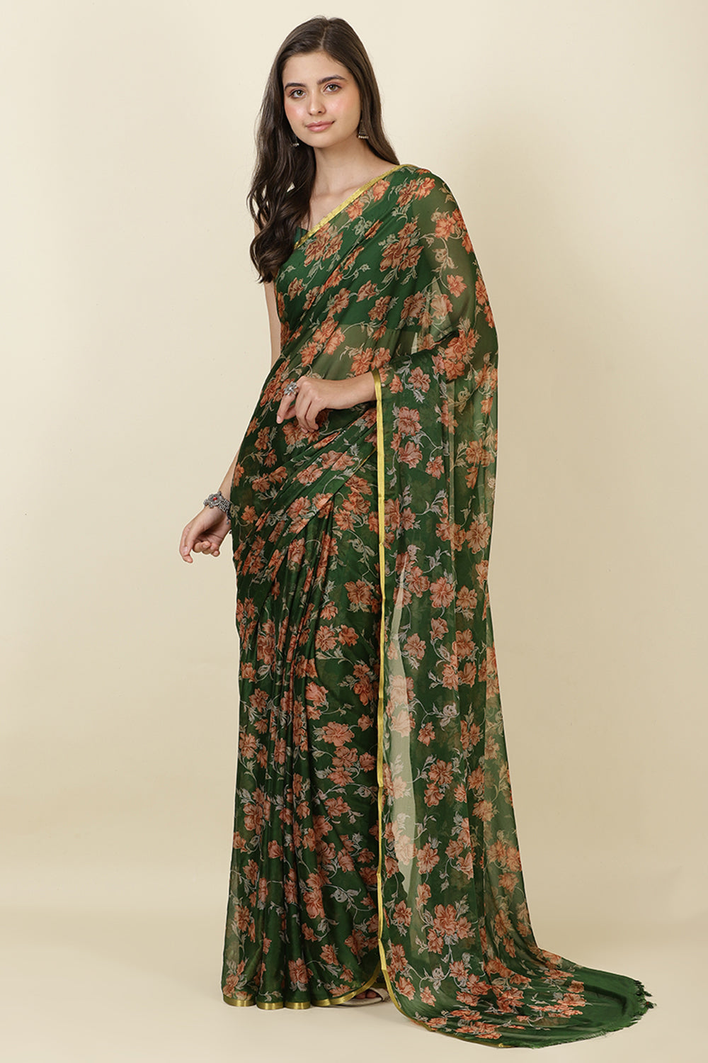 Green Zari Border & Floral Printed Chiffon Saree