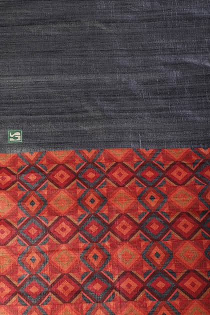 Grey Tussar Silk Printed Saree