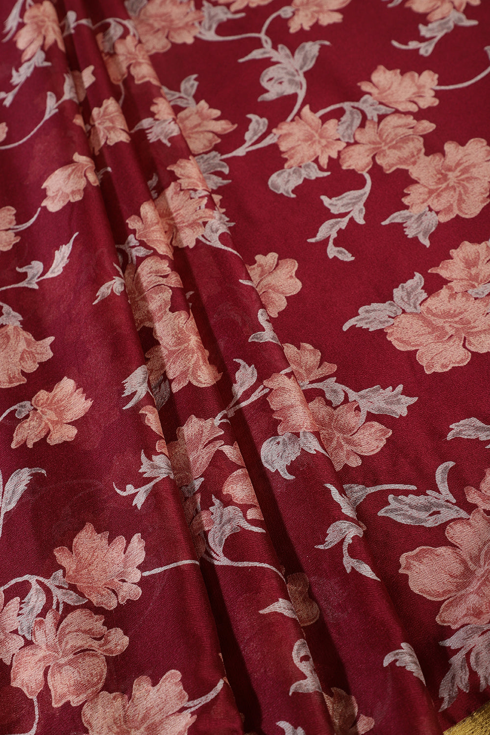 Dark Scarlet Zari Border & Floral Printed Chiffon Saree
