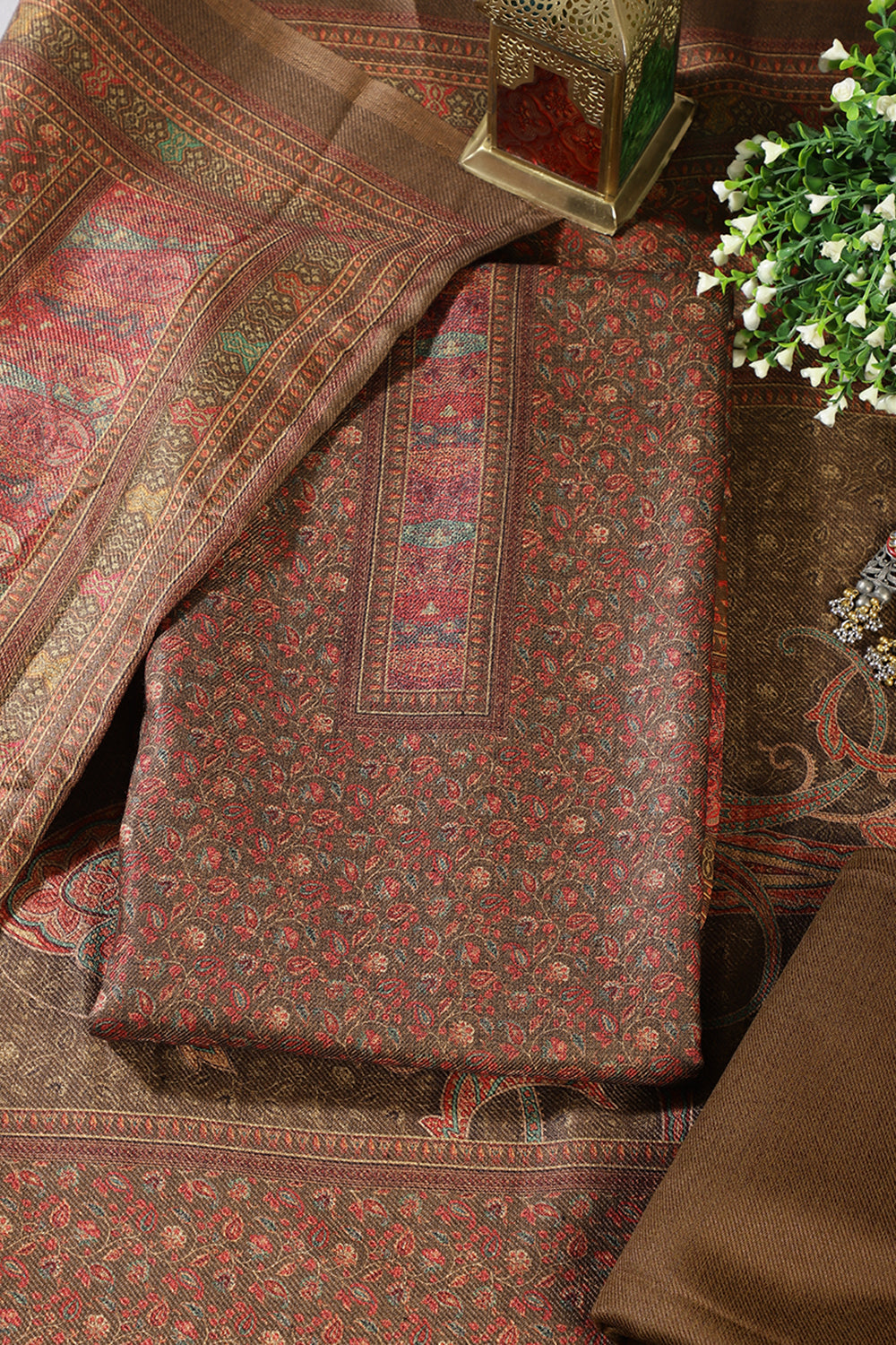 Brown Pashmina Floral Printed Unstitched Suit Material
