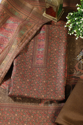 Brown Pashmina Floral Printed Unstitched Suit Material