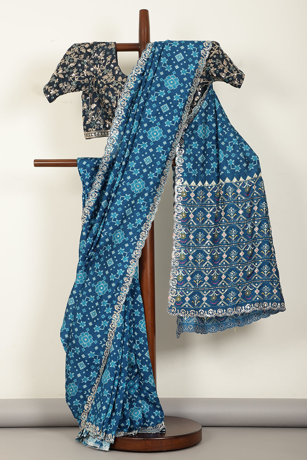 Blue Color Ikat Patola Modal Silk Saree with Gota Patti Border