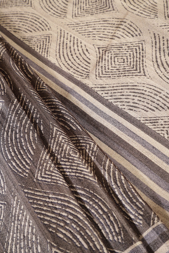 Beige & Sage Green Tussar Silk Printed Saree