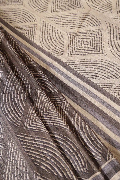 Beige & Sage Green Tussar Silk Printed Saree