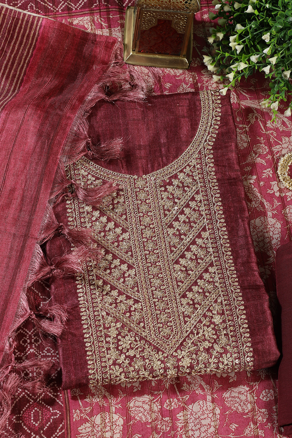 Wine Tussar Silk Neck Zari Embroidered Unstitched Suit