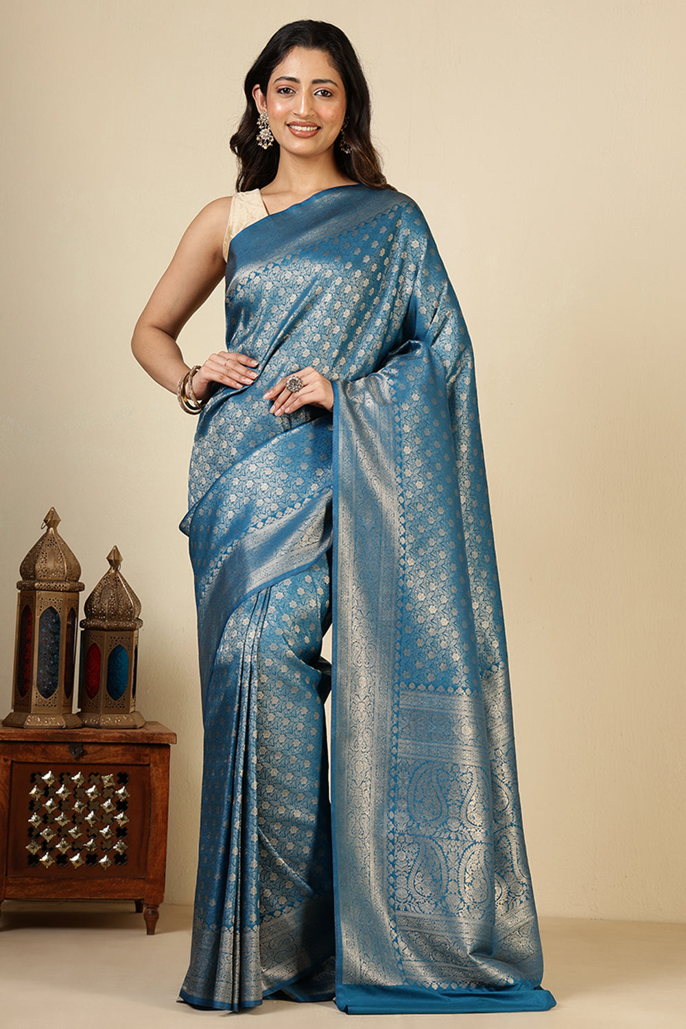 Pecific Blue Floral Zaal Woven Soft Silk Saree