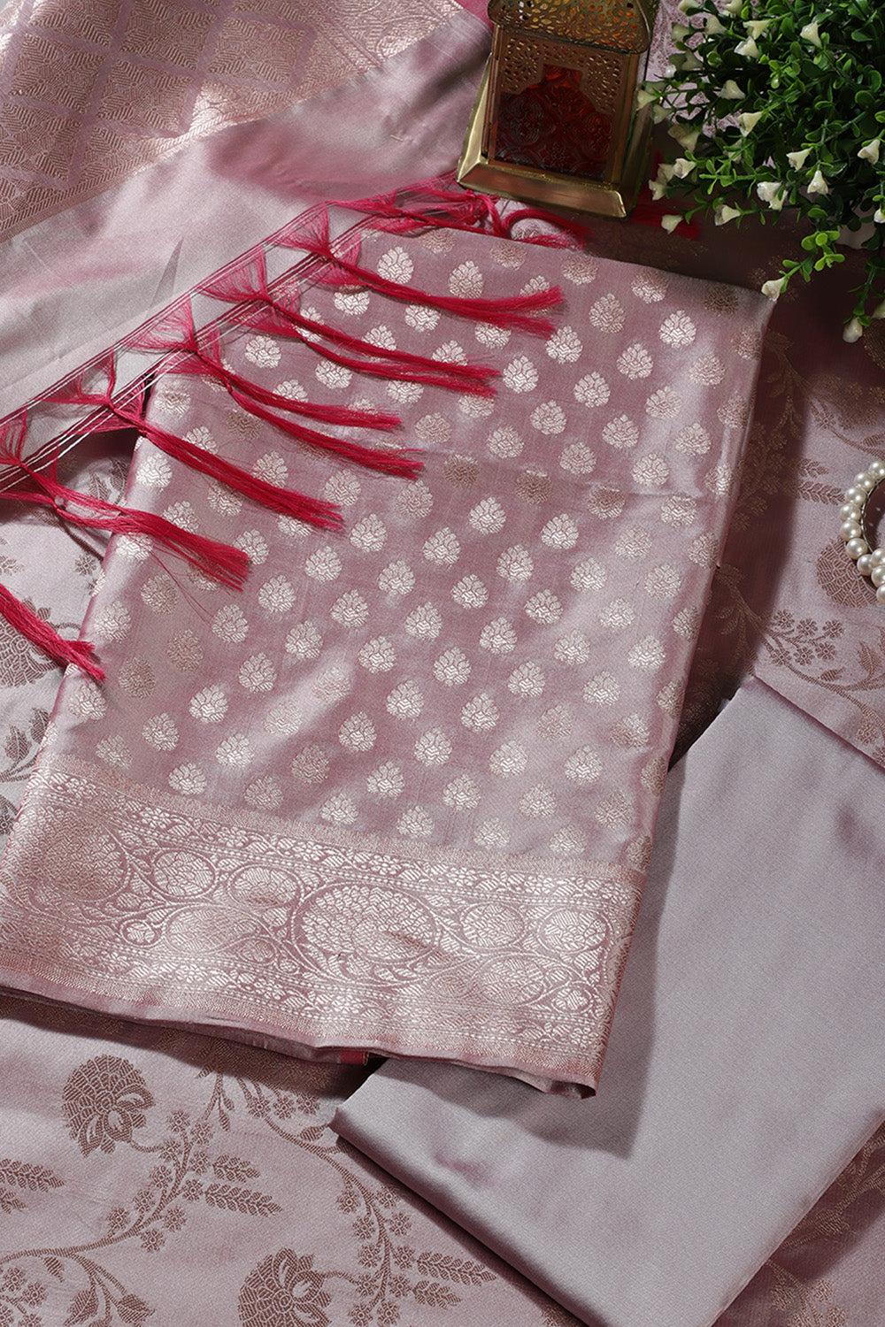 Light Mauve Silk Buta Motifs Woven Unstitched Suit Fabric